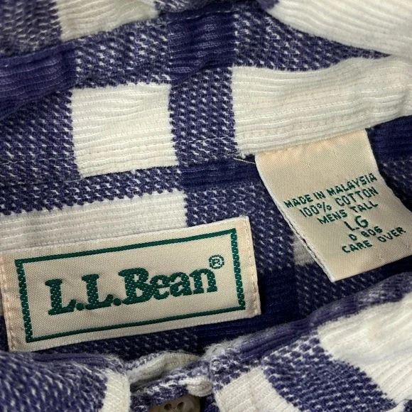 409L.L. Bean Vintage Corduroy Plaid Long Sleeve Mens Large TALL Blue Cream Y2K